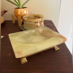 Geeen Tan Onyx Soap Dish with gold claw feet raw rock bohemian vintage